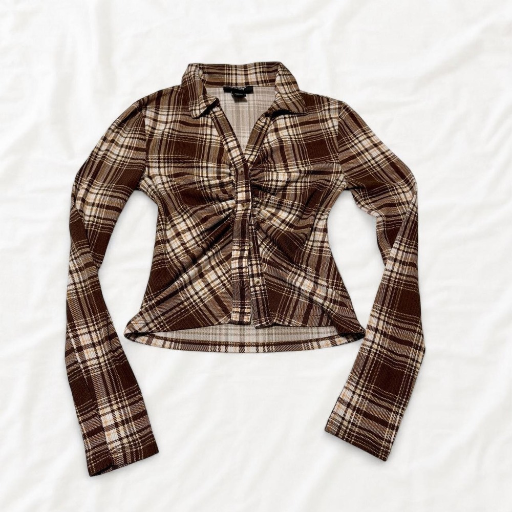 Just Polly New York Brown Plaid Ruched Button Front Top XS JK10765